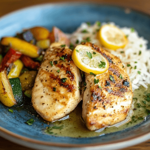 A plate of thin-sliced chicken breast, pan-seared to golden brown perfection, drizzled with a light lemon garlic sauce. Served alongside sautéed vegetables and fluffy white rice, garnished with fresh parsley on a rustic wooden table with warm, inviting lighting.